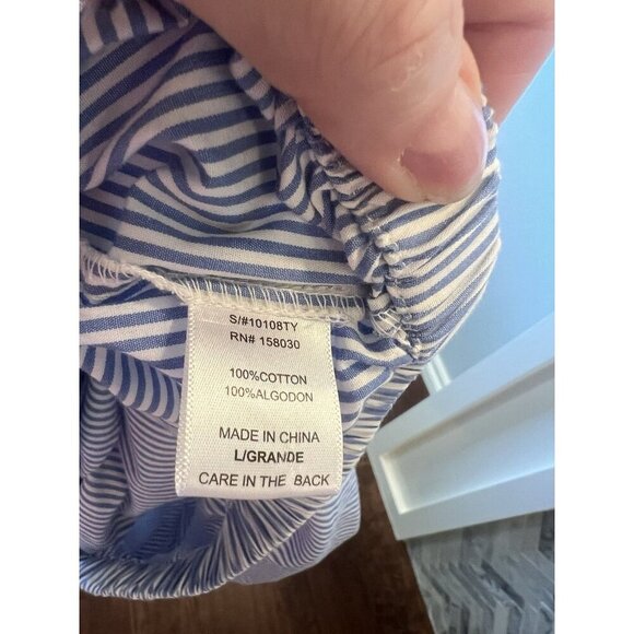 Love Tree 100% Cotton Blue White Striped Top Blouse Elastic Cropped Waist Size L - Picture 10 of 10